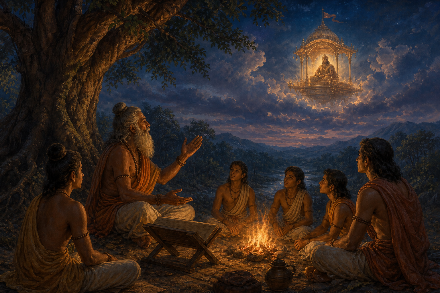 A storyteller recites beside a closed-view palm-leaf manuscript while listeners see a vision of a king traveling in a glowing aerial pavilion.