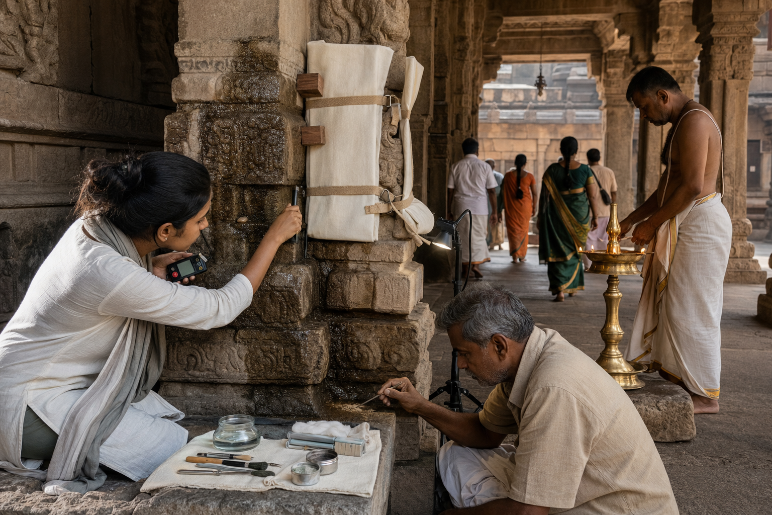 A conservation architect and stone craftsperson examine damp historic masonry while worship continues inside the temple.