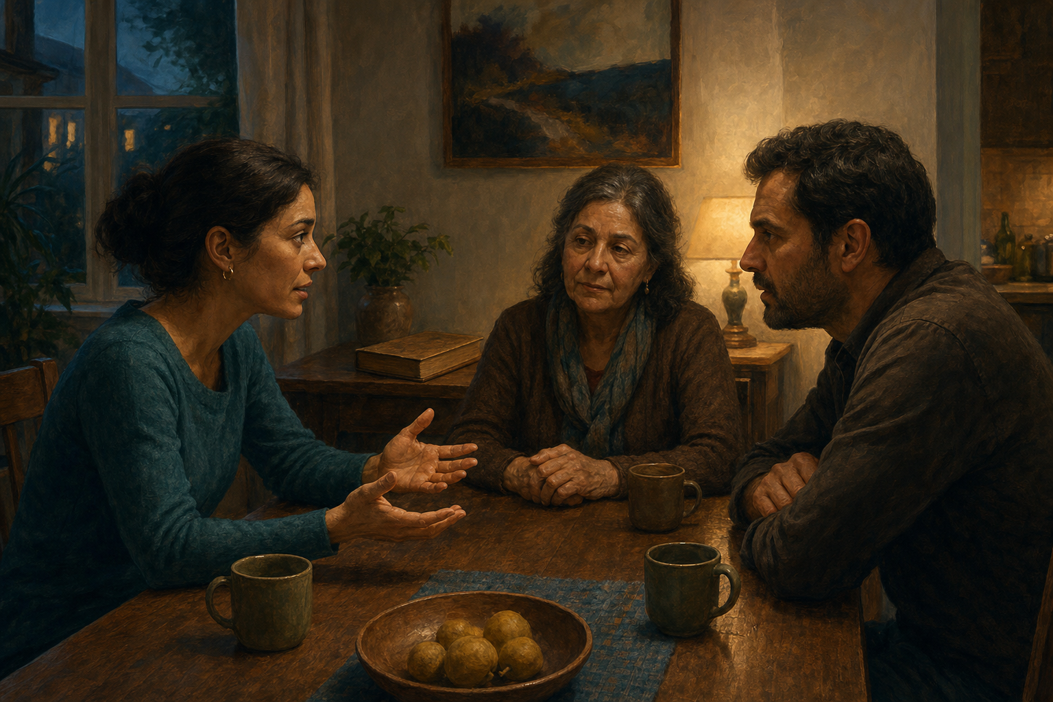 Three adults hold a tense but attentive conversation at a dining table while a closed manuscript rests on a side table.