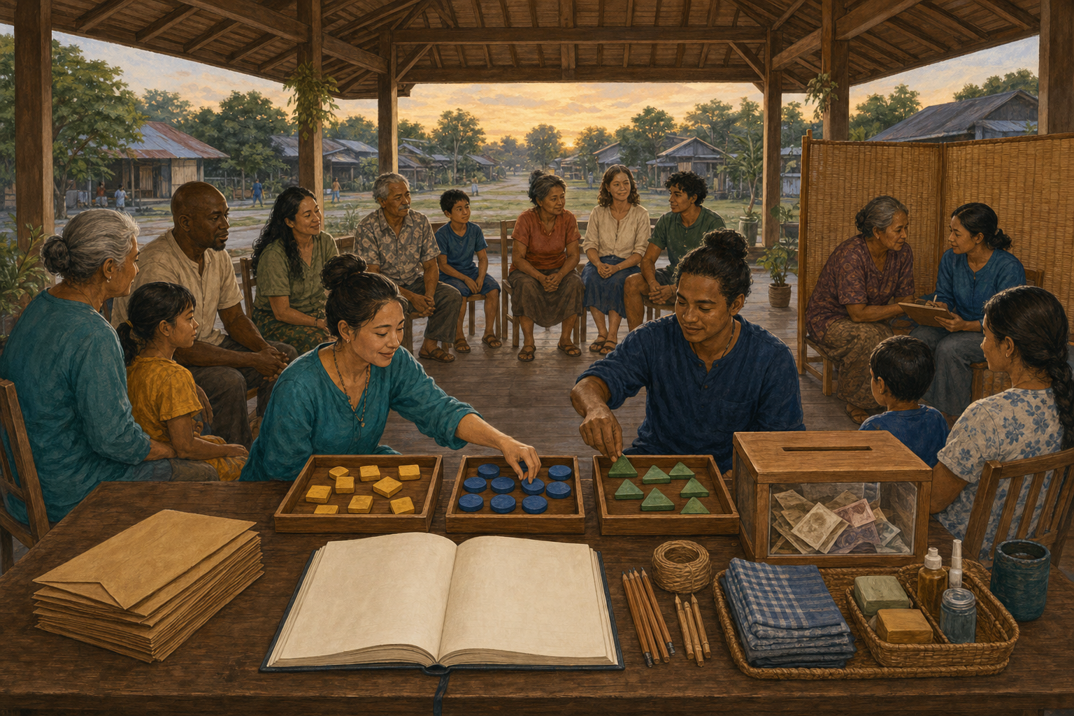 Residents hold an open accountability meeting using colored wooden tokens, supply trays, a transparent donation box and a privacy screen for a confidential conversation.