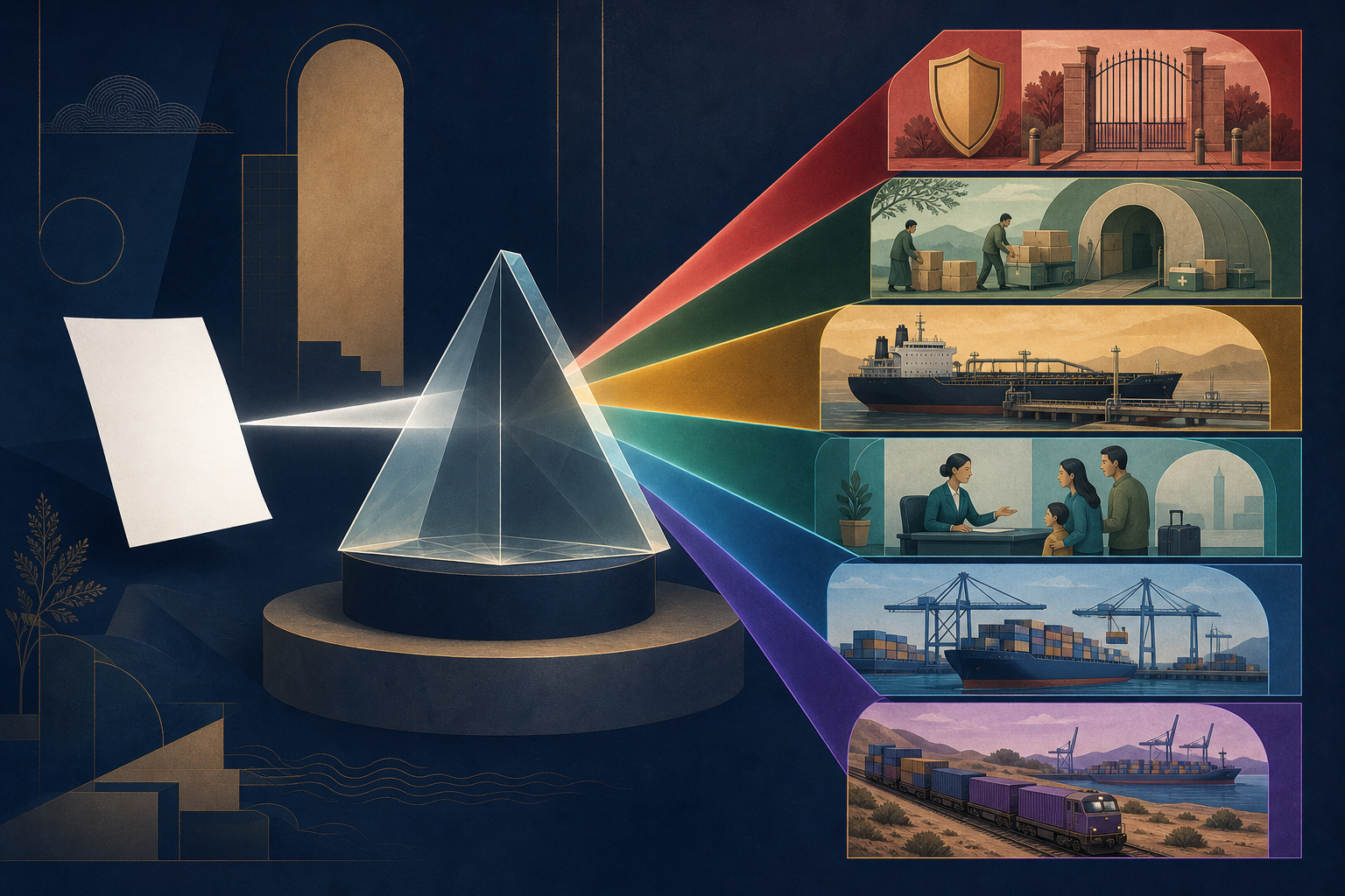A blank policy document passes through a glass prism and separates into scenes of security, humanitarian aid, energy, consular assistance, trade, and transport connectivity.