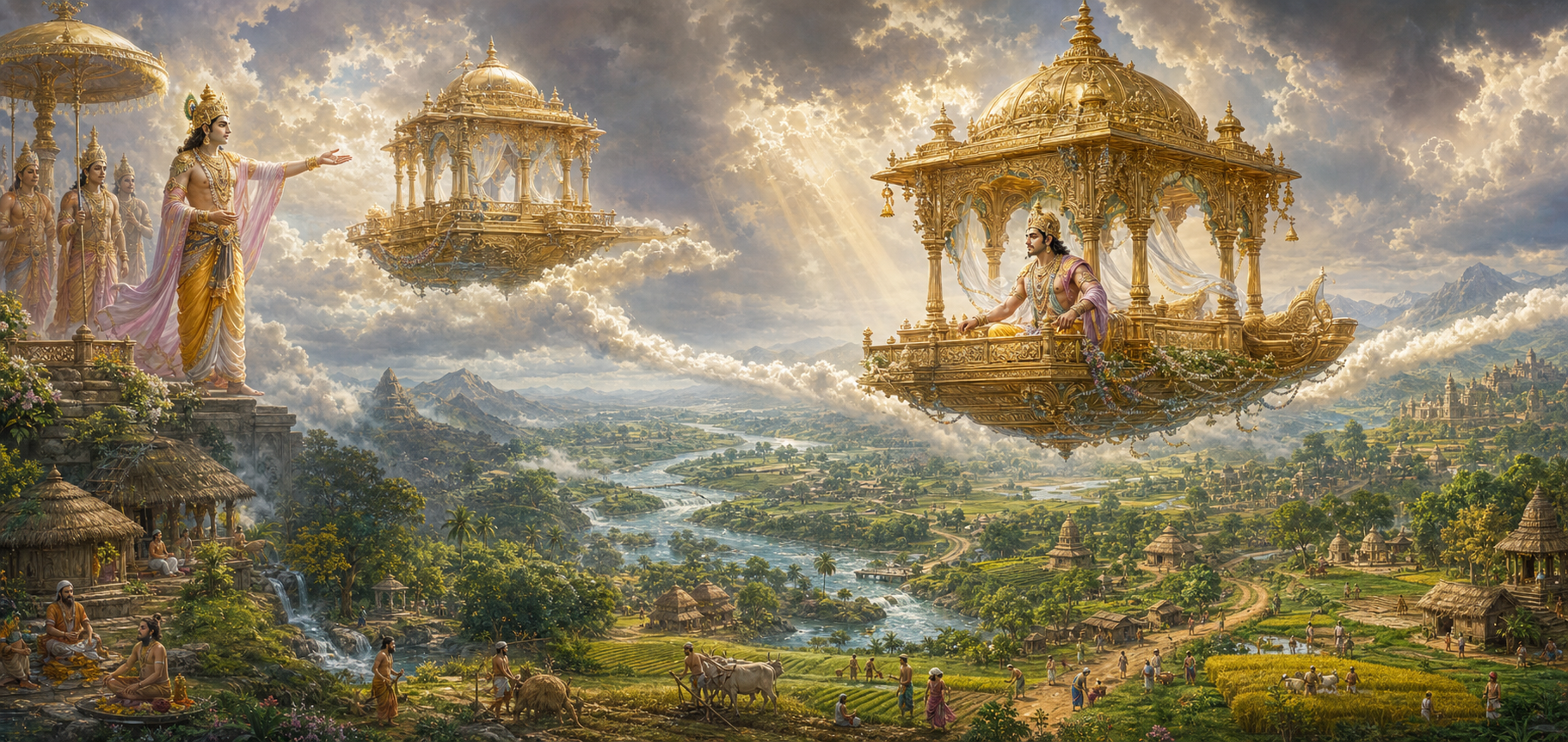 Indra presents a radiant aerial pavilion to Uparichara Vasu, who then travels above the farms, forests, hermitages, and rivers of his kingdom.