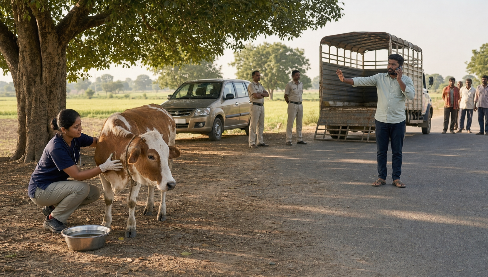 A veterinarian examines a cow beside a safely parked livestock vehicle while a civilian calls for help and public officers manage the roadside scene calmly.