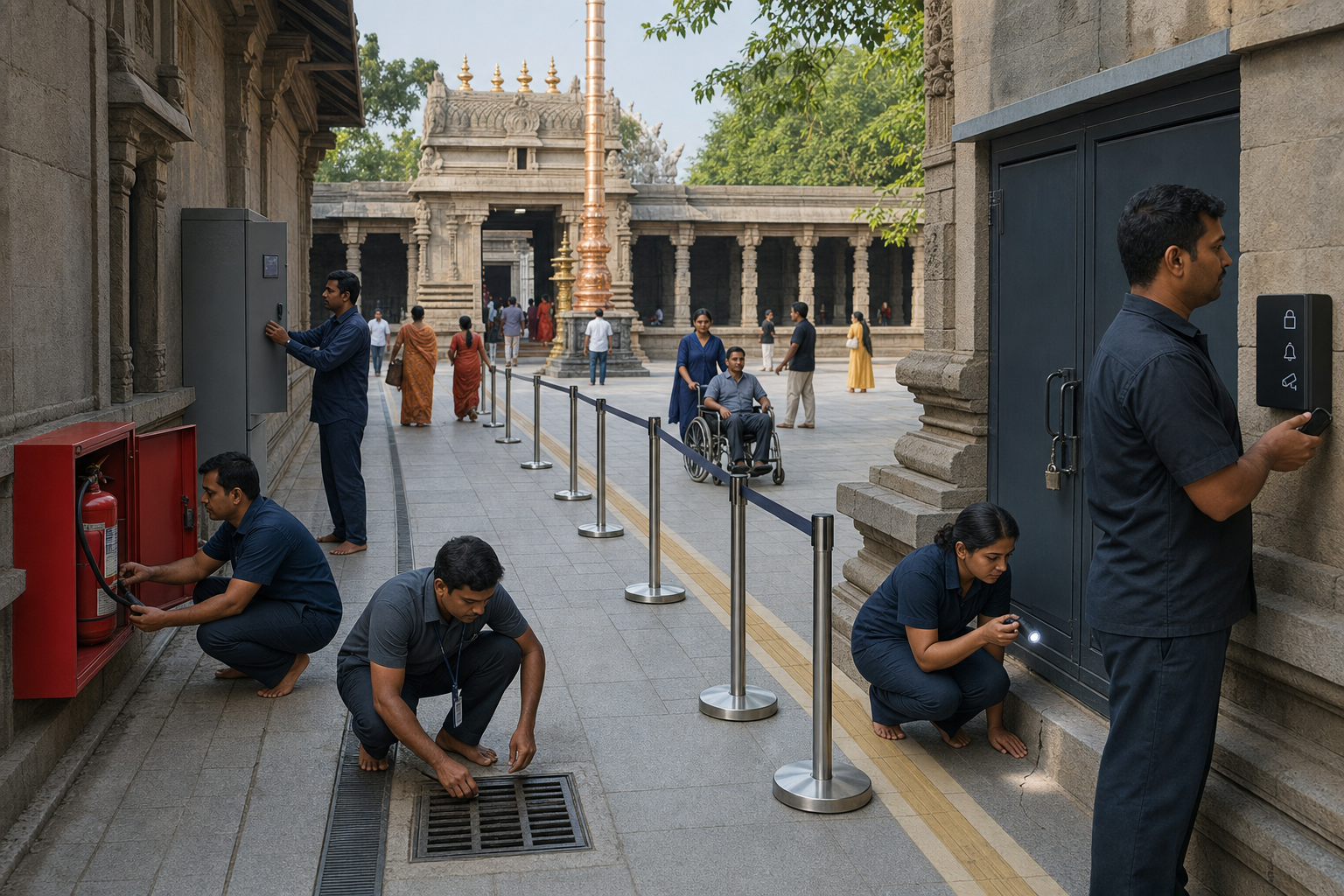Temple staff inspect fire equipment, electrical systems, masonry, drainage, visitor routes, and security devices in one courtyard.