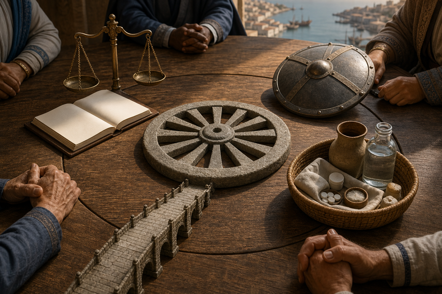 Anonymous advisers sit around a table with a carved stone wheel, scales, a protective shield, relief supplies, and a model bridge.
