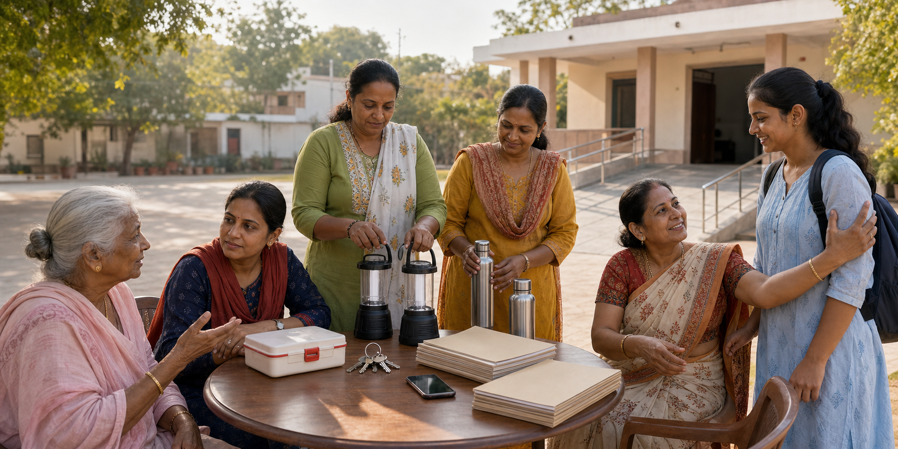 Multigenerational Dharmic women coordinate neighborhood service around a table of first-aid supplies, lanterns, folders, and keys in a community courtyard.