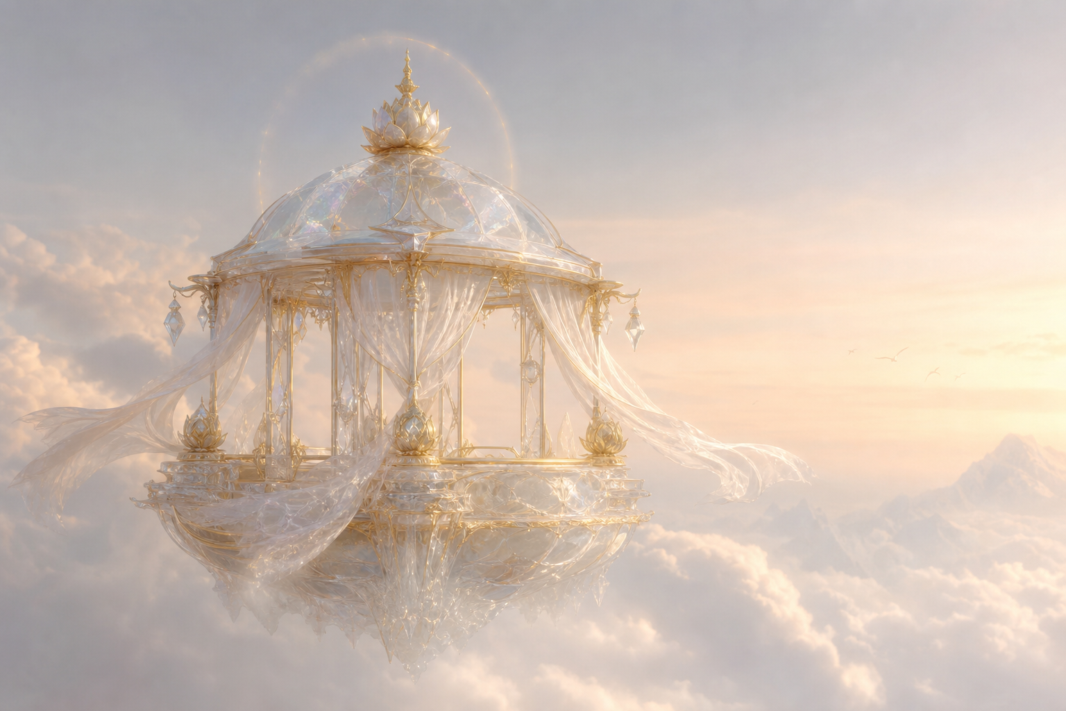 A translucent crystal-like pavilion with gold supports and flowing fabric hovers among dawn clouds above distant mountains.