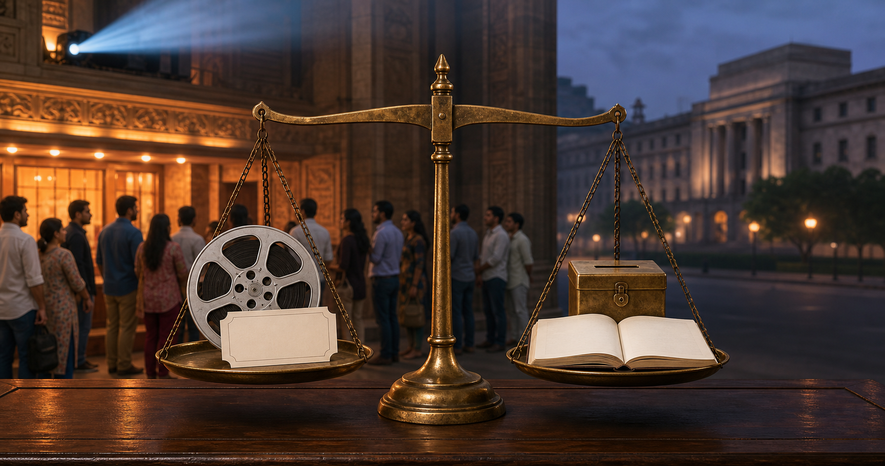 A brass balance scale holds a film reel and cinema tickets on one side and a treasury box and ledger on the other, with citizens, a theatre, and a civic building in the background.