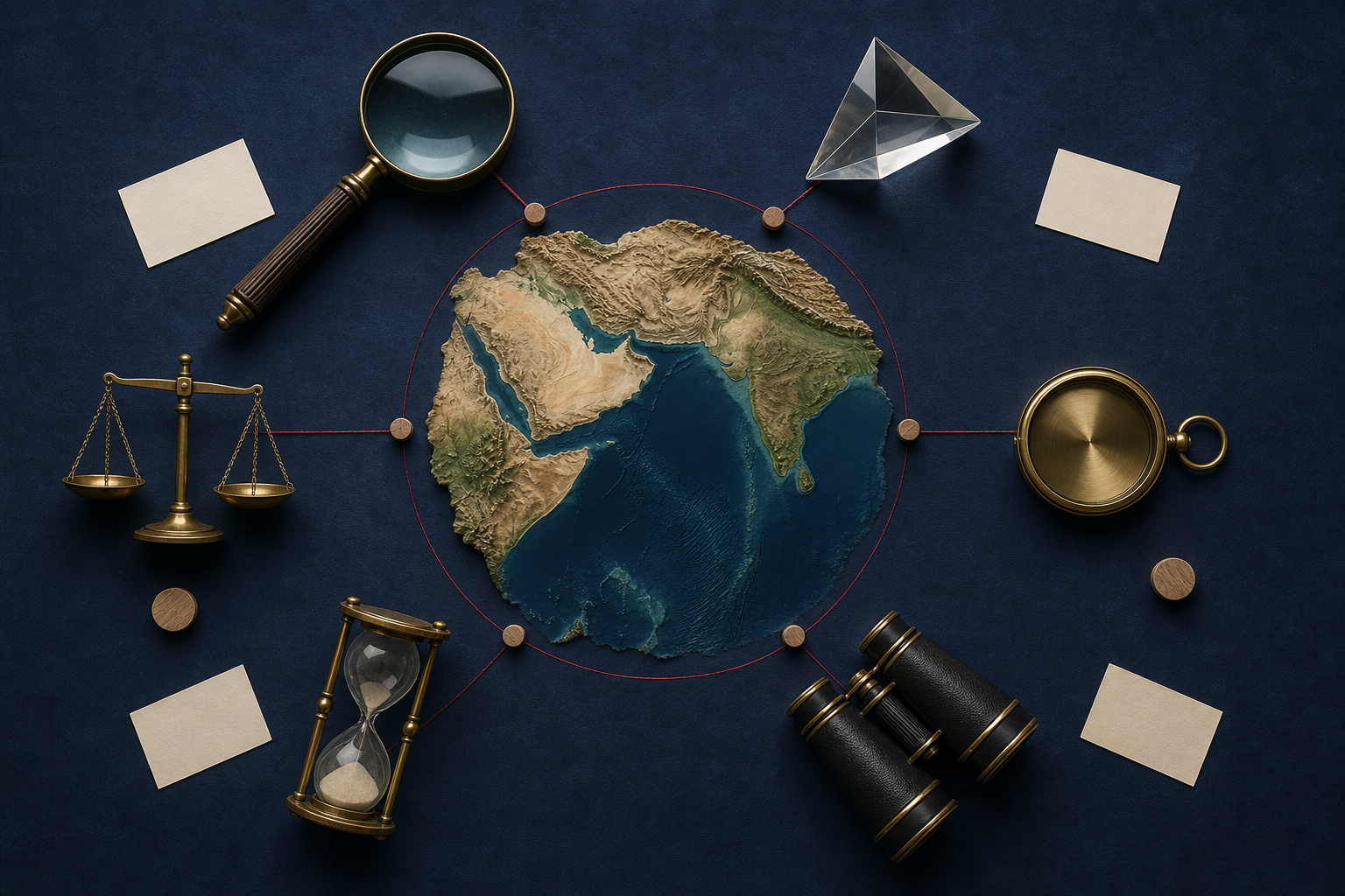 Six analytical instruments surround a relief model of India, the Arabian Sea, and West Asia: a magnifying glass, prism, compass, scales, hourglass, and binoculars.