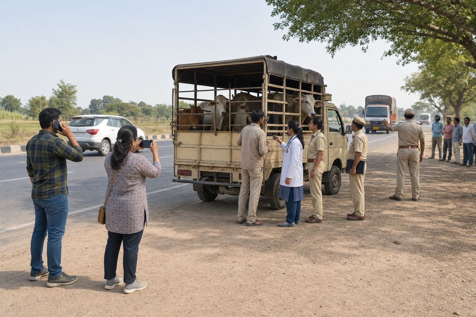Witnesses document a livestock vehicle from a safe distance while a veterinarian and public officers arrive to inspect the cattle.
