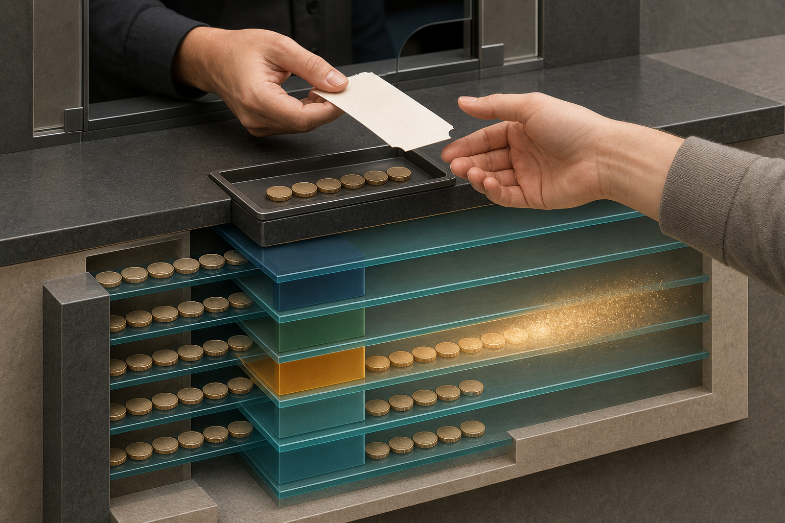 A blank cinema ticket is shown as several transparent cost layers, with only one layer fading while the other layers and coin streams remain.