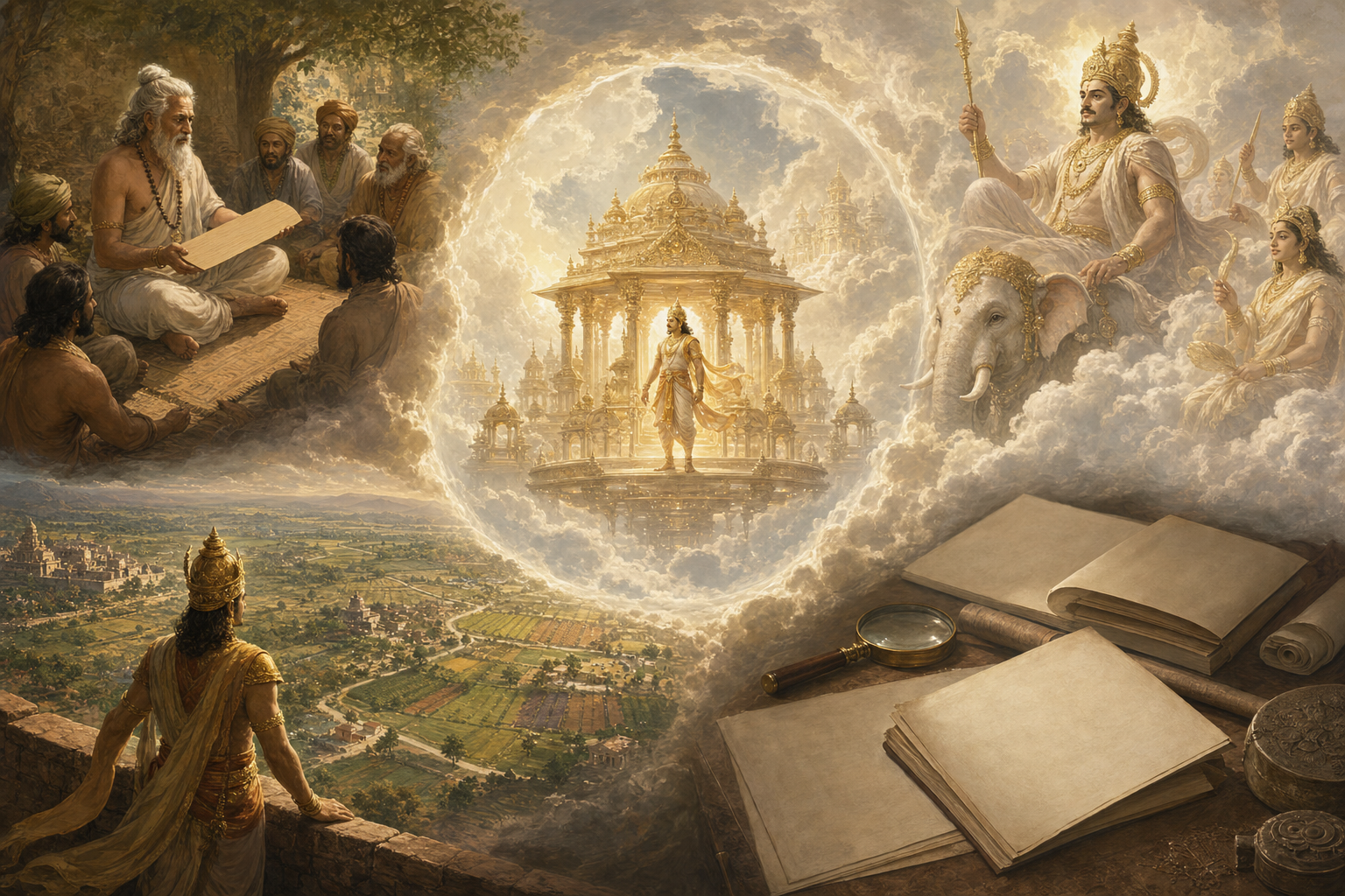 A central celestial pavilion is surrounded by scenes of epic recitation, royal life, divine presence, and careful modern study.