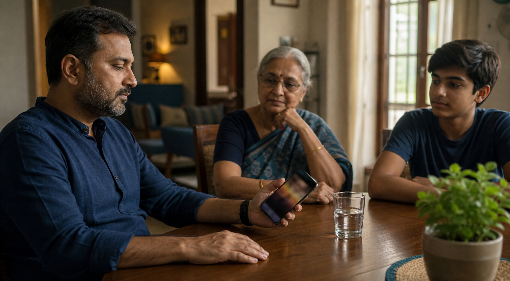 A person pauses with a phone showing a blurred video while family members sit peacefully in a softly lit home.
