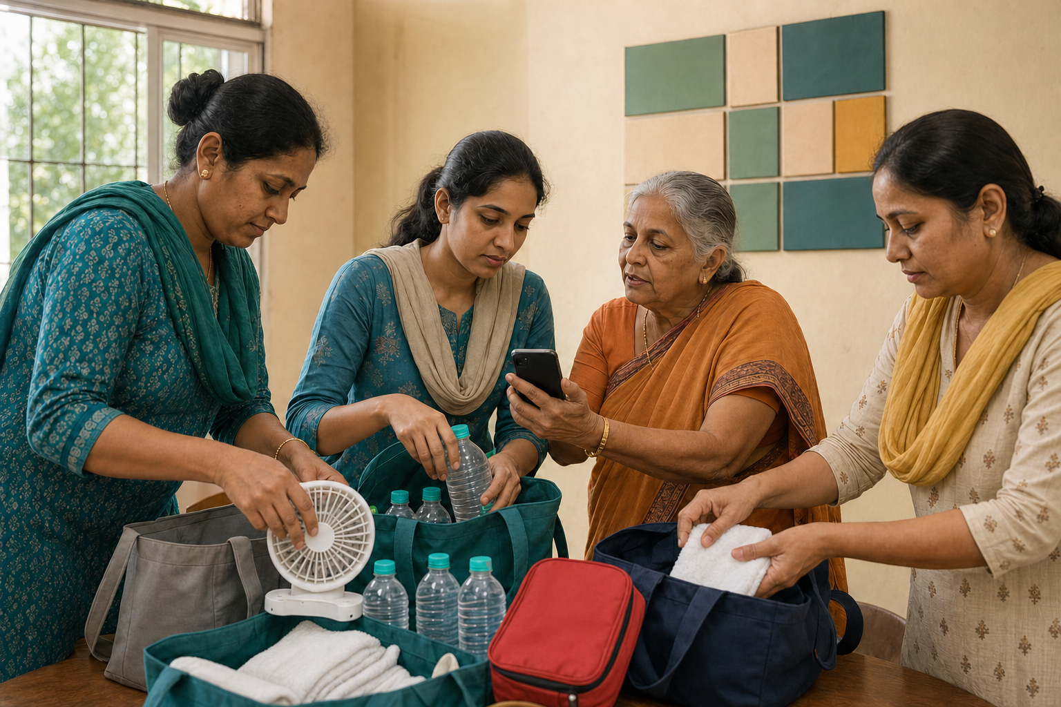 Four women prepare heat-safety supply bags and practice an elder check-in inside a neighborhood meeting room.