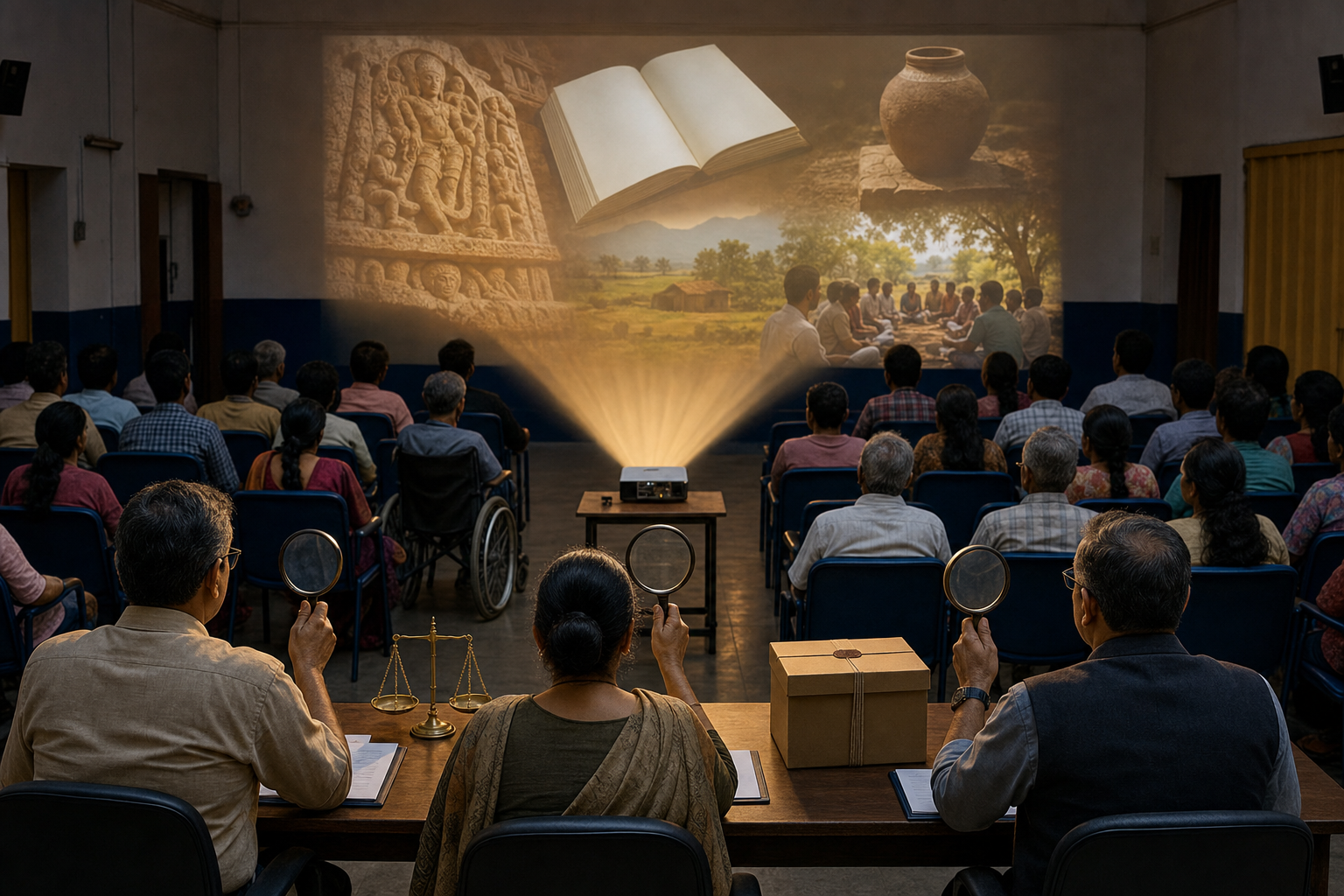 A diverse audience watches a film while a review panel observes heritage, education, and civic motifs appearing in the projector beam.