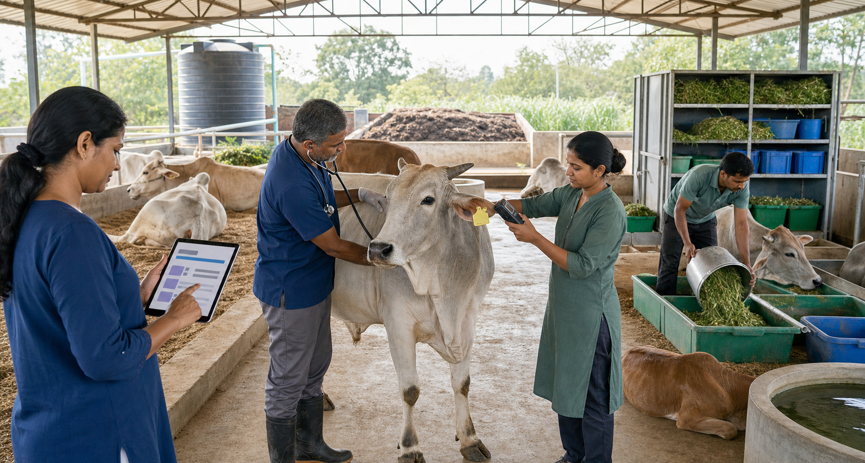 Veterinary and shelter staff examine cattle, scan a plain ear tag, manage fodder, and review records in a clean community facility.