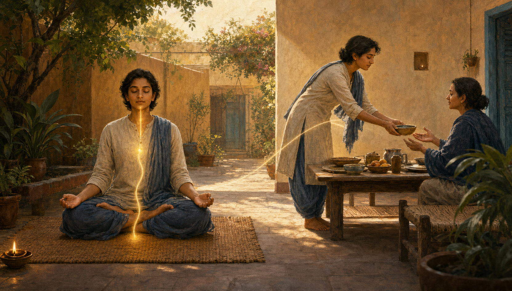 A seated practitioner meditates at dawn while a subtle arc of light connects the practice to an act of serving food at a shared table.