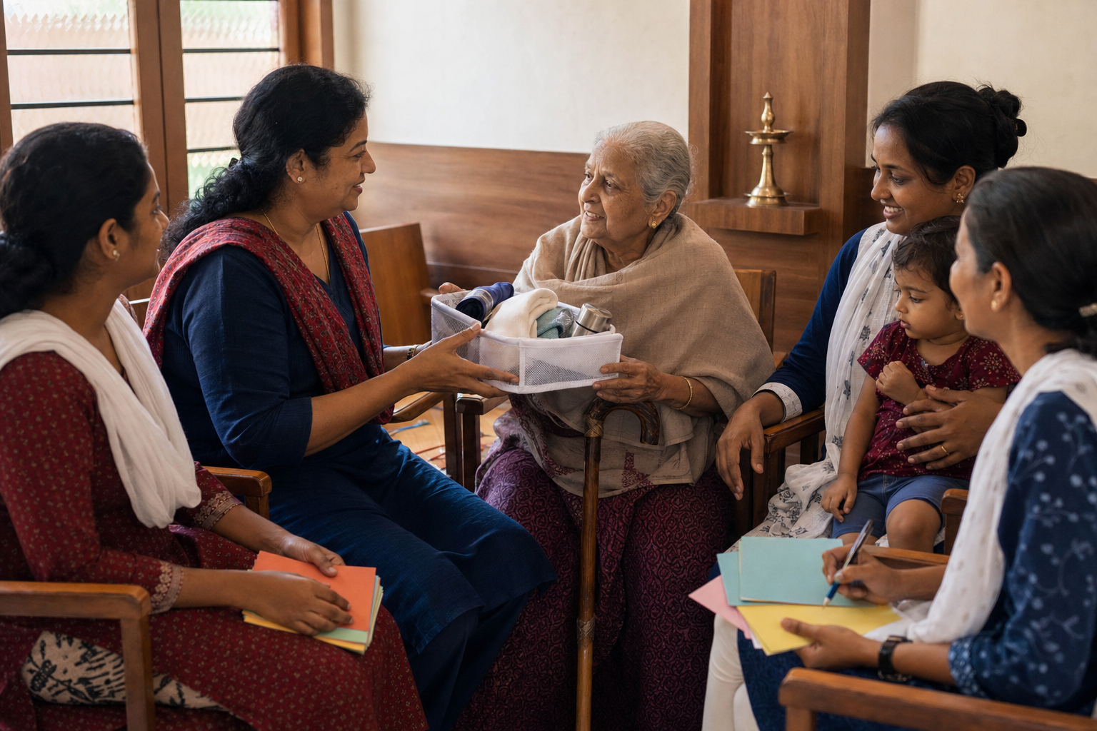 Women sit in an inclusive community circle, listen to residents, and organize practical follow-up with blank color-coded cards.
