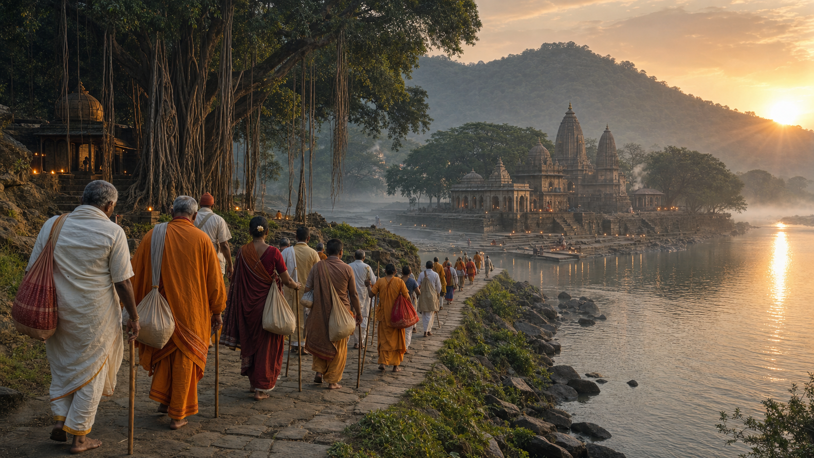 Pilgrims follow a winding path beside a river toward a temple, with a banyan grove and forested hills in the morning mist.