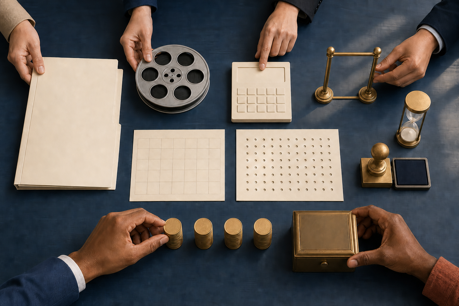 Hands arrange a film dossier, reel, calendar, calculator, coins, seating plan, audit stamp, and treasury box on a government office table.