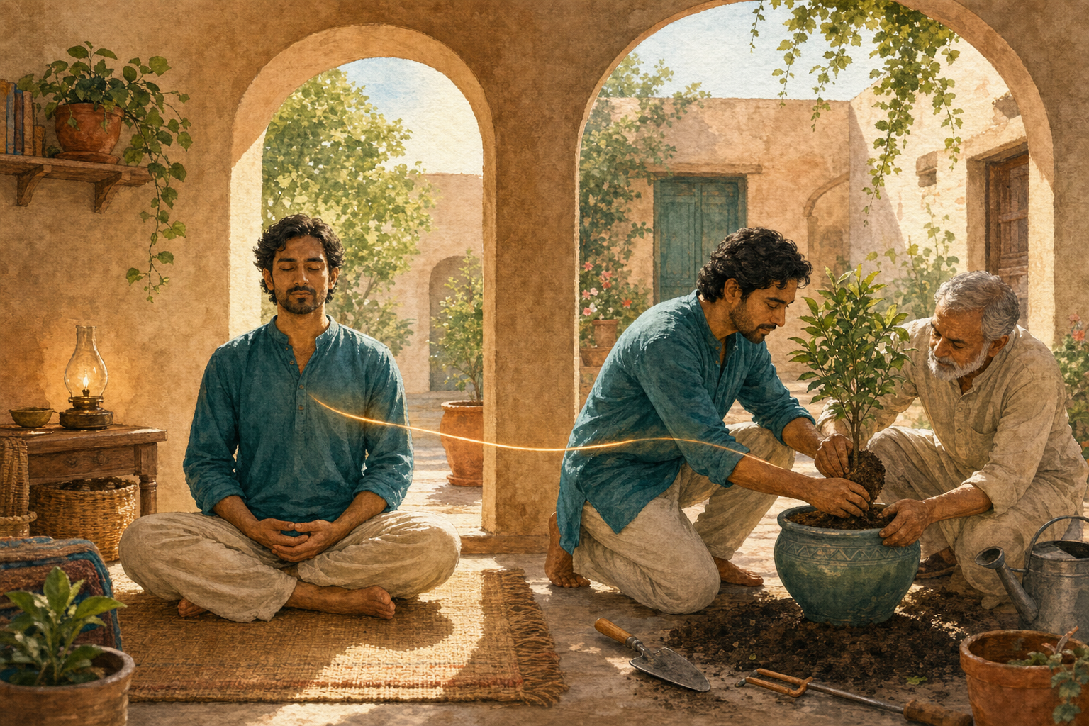 A person meditates inside a quiet room and helps an older adult repot a tree in the adjoining courtyard.