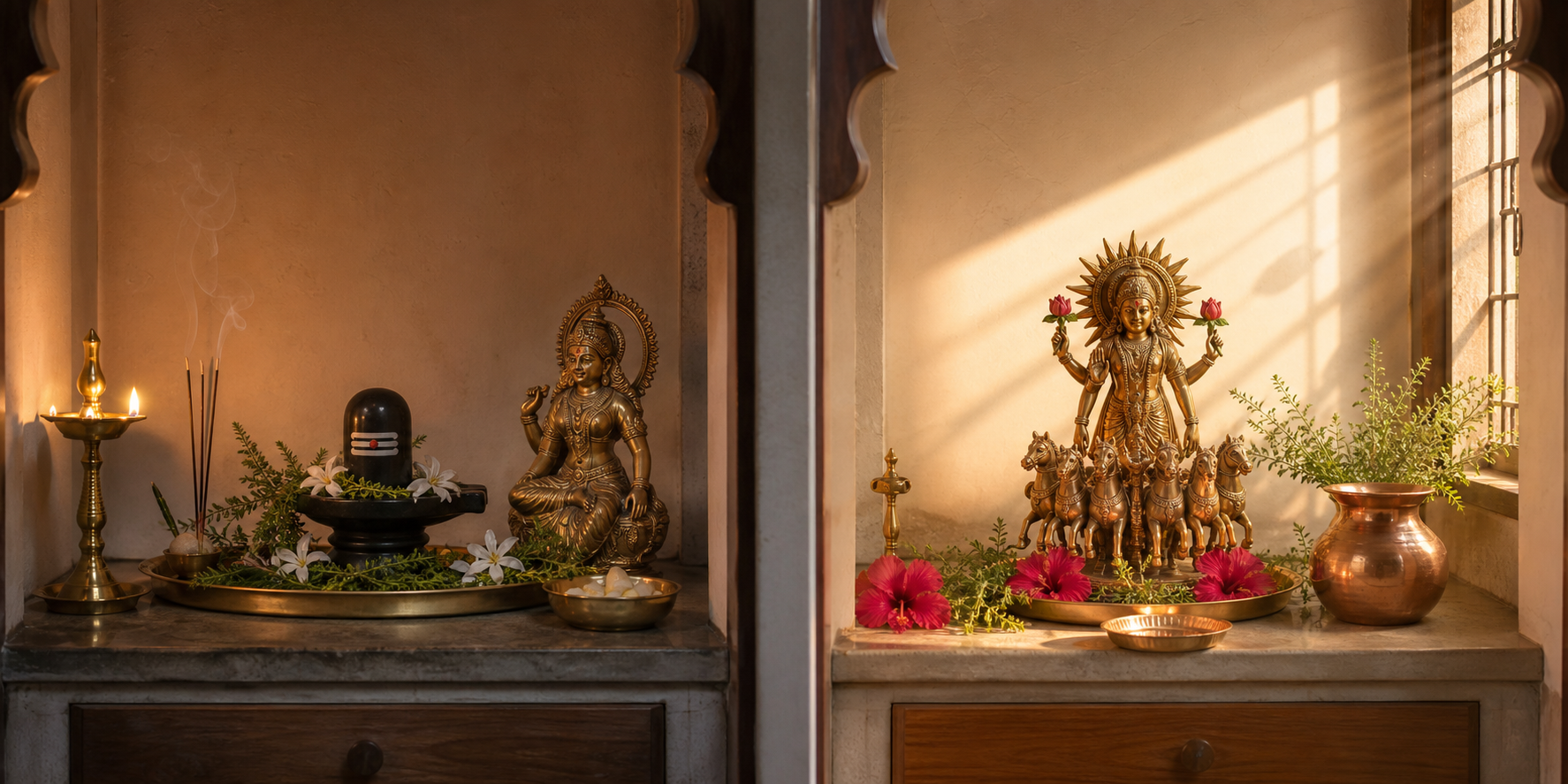 Two views of a home prayer alcove show separate altars for Shiva and Parvati in the evening and Surya at sunrise, each with damanaka sprigs and its own ritual vessels.