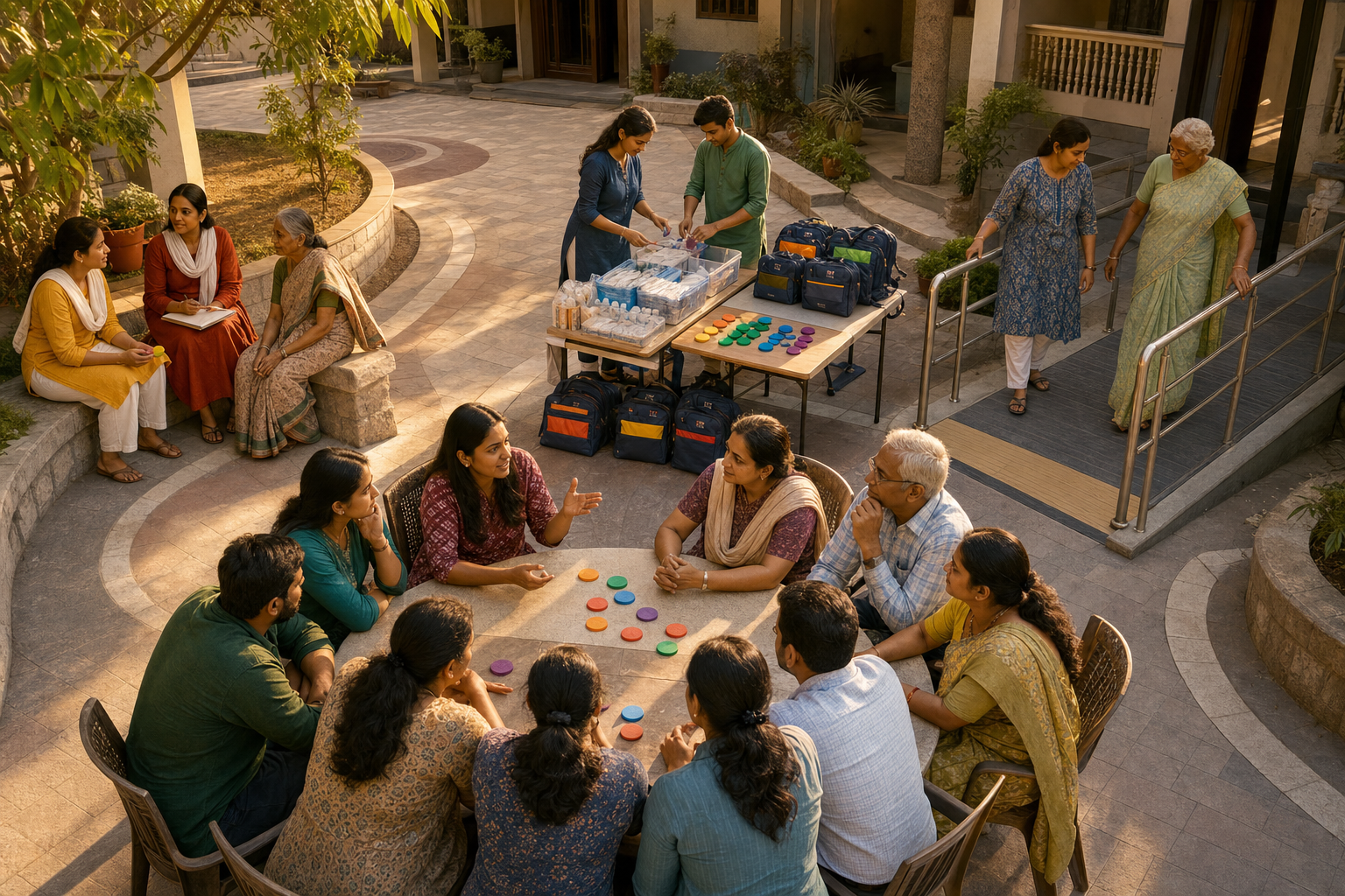 Women listen to residents, organize safety supplies, inspect an accessible walkway, and reconvene in a shared courtyard.