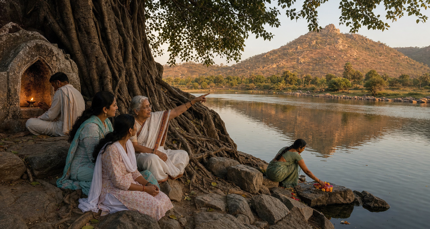 Pilgrims listen to an elder beneath a banyan tree while others make offerings beside a rocky river and distant hill.