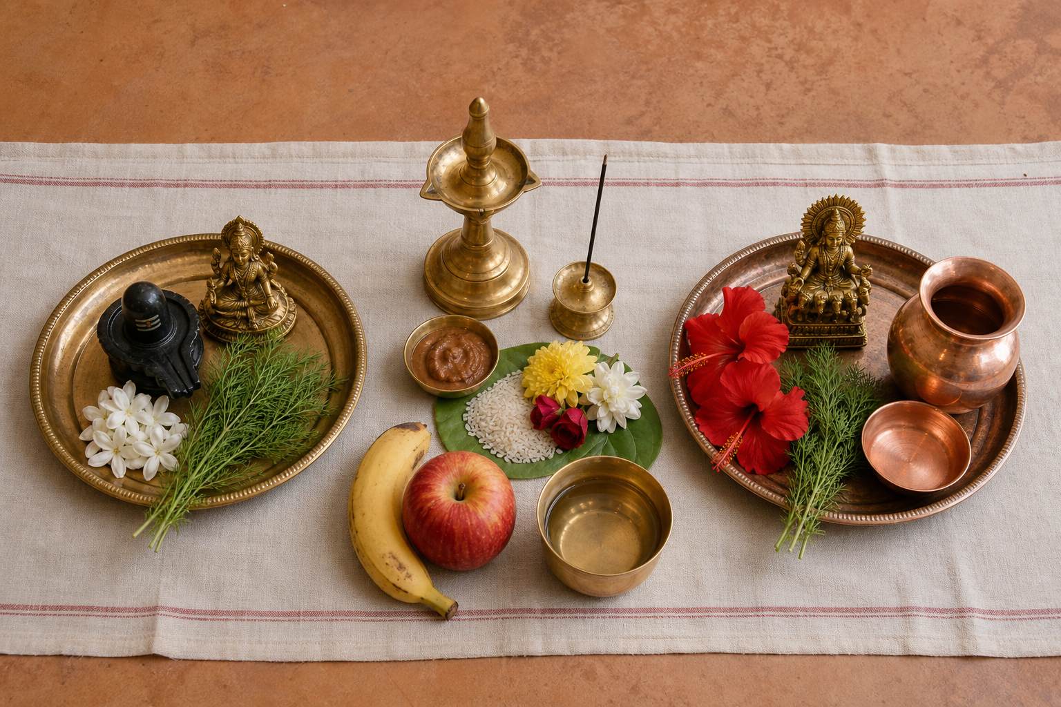 Shared puja supplies sit between two separate trays, one prepared for Shiva and Parvati and the other for Surya with a copper arghya vessel.