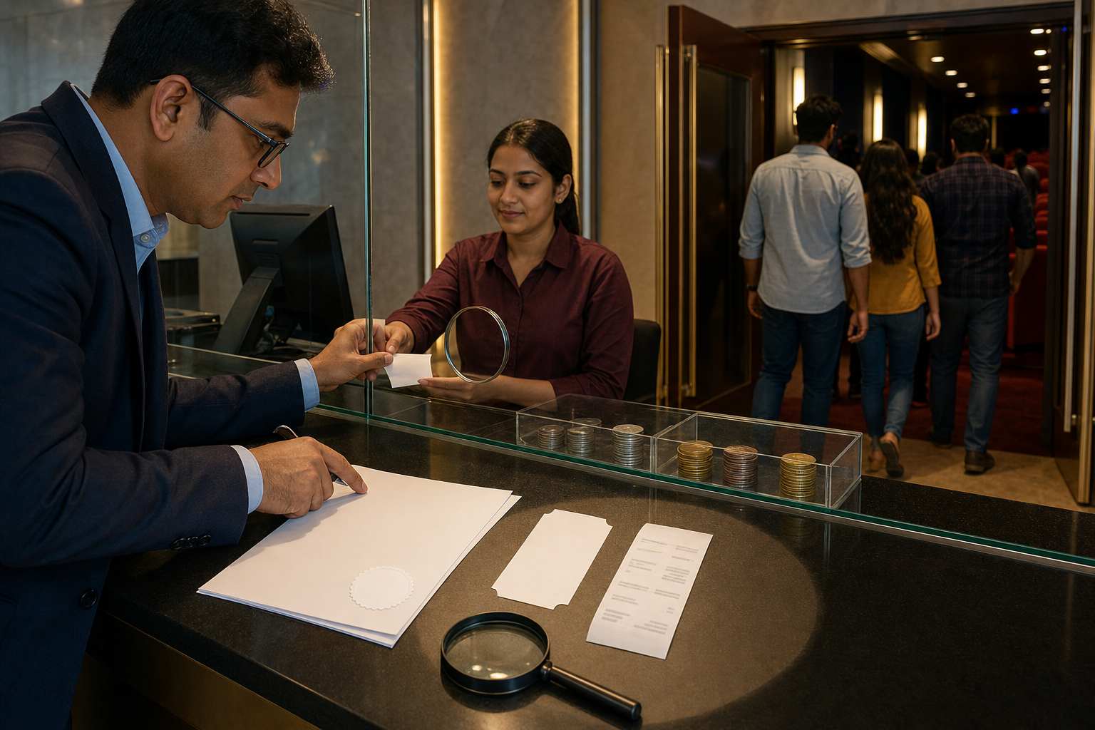 An auditor at a cinema counter compares a sealed government document, a ticket, and a receipt while patrons enter the auditorium.