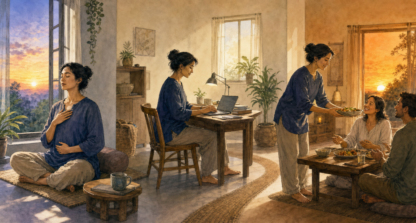 One person moves through meditation at sunrise, focused work during the day, and serving a meal at sunset in a continuous scene.