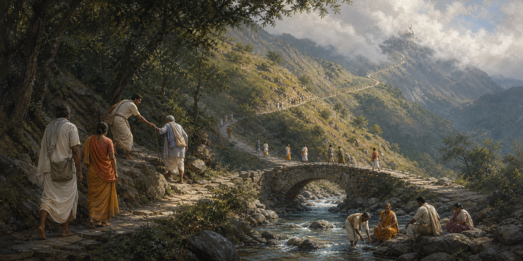 Pilgrims walk a long route through forest, hillside, stream crossing, and cloud toward a distant hilltop shrine.