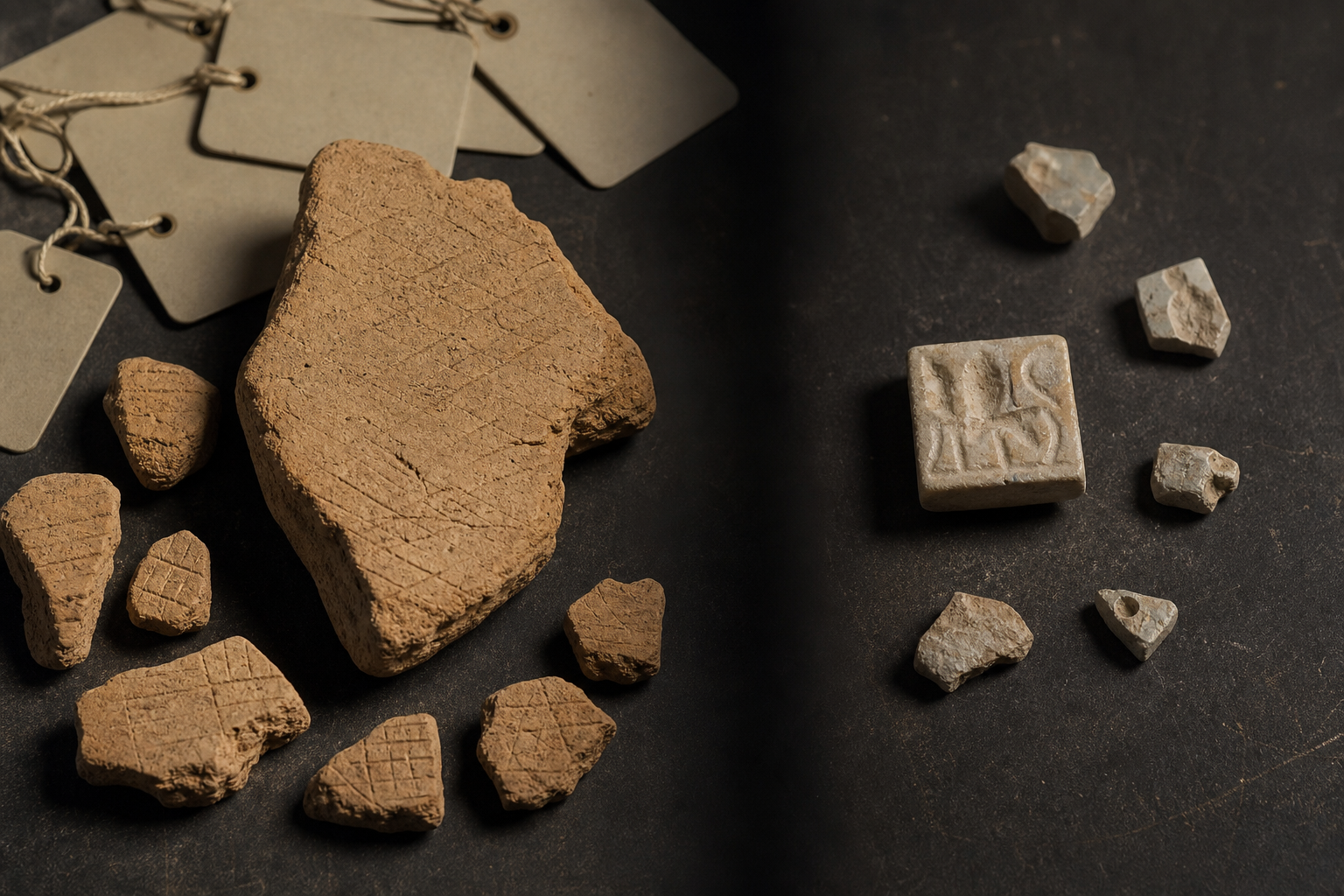 A Mycenaean clay tablet and related fragments sit opposite a small Indus-style stone seal and isolated fragments on a conservation table.