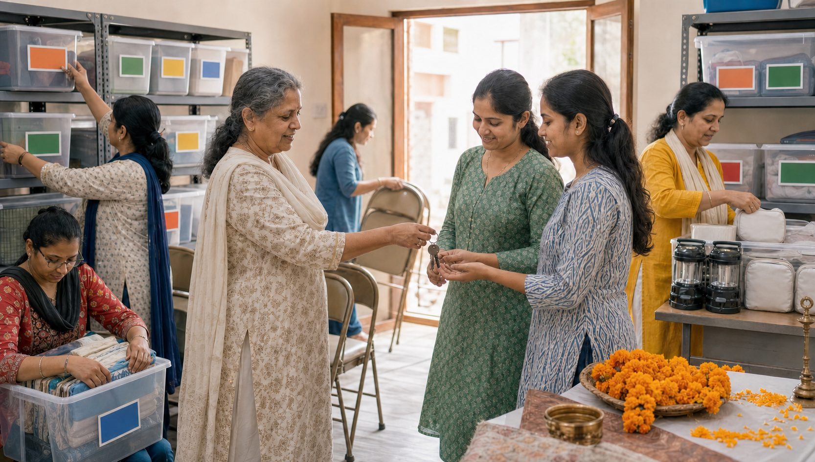 A founding organizer hands community-center keys to two coordinators while other women equip a neighborhood resource room with civic supplies.