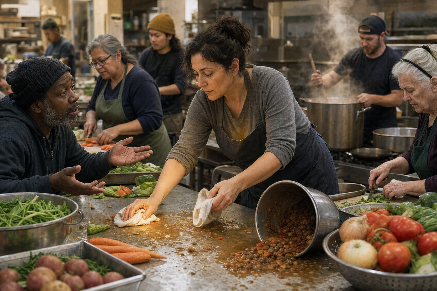 Volunteers work in a busy community kitchen as one person calmly helps clean a spill beside a crowded preparation table.