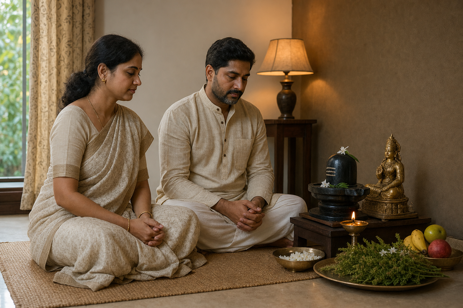 Two householders sit with folded hands before a simple Shiva-Parvati altar holding a lamp, white flowers, fruit, and fresh damanaka sprigs.