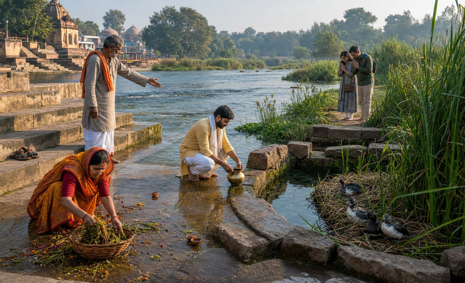 Pilgrims care for a sacred riverbank by gathering flower remains, keeping distance from reeds and birds, and following a caretaker's guidance.