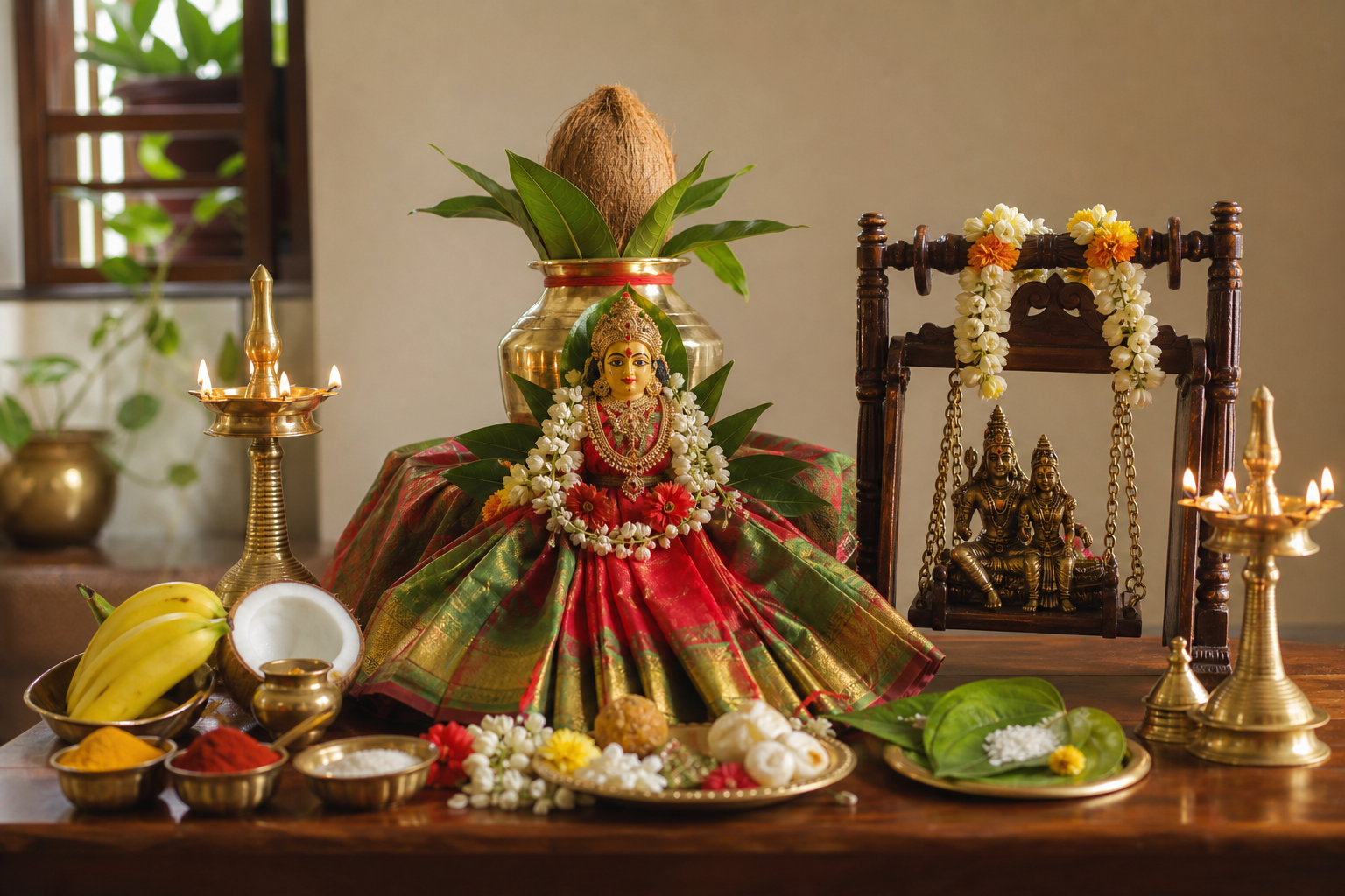 A home shrine with a Gauri murti, a decorated kalasha, and small Shiva and Parvati murtis seated on a flower-covered swing.