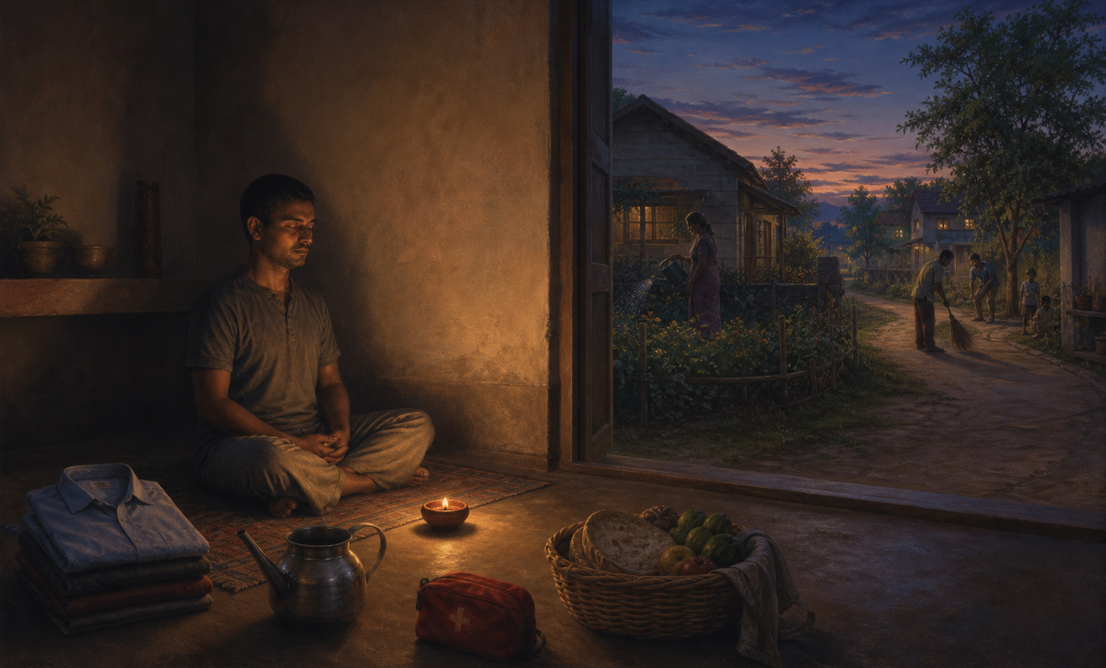 A person meditates beside a small clay lamp while an open doorway reveals a garden, a home, and neighbors carrying out daily responsibilities.