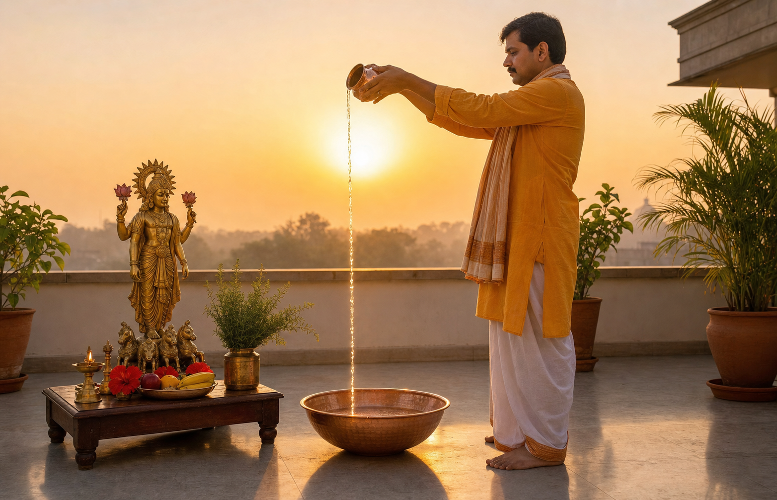 At sunrise, a devotee pours water from a copper lota into a basin beside a Surya altar prepared with red flowers and damanaka sprigs.