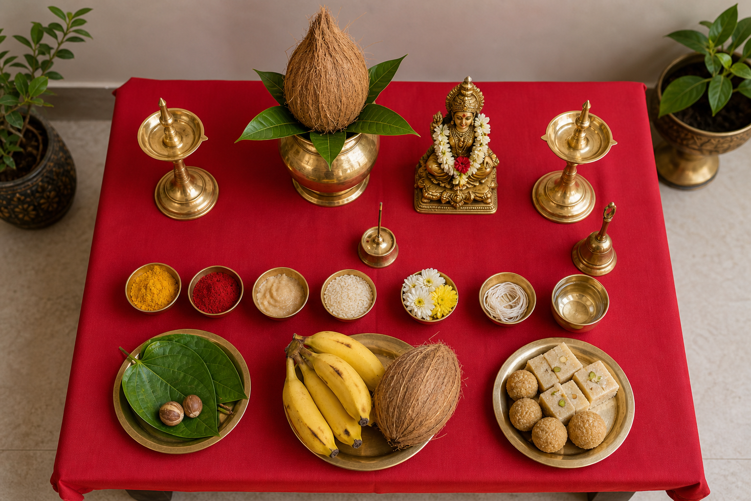 An overhead view of a home Gauri puja altar with a kalasha, brass lamps, ritual powders, flowers, fruit, and sweets.