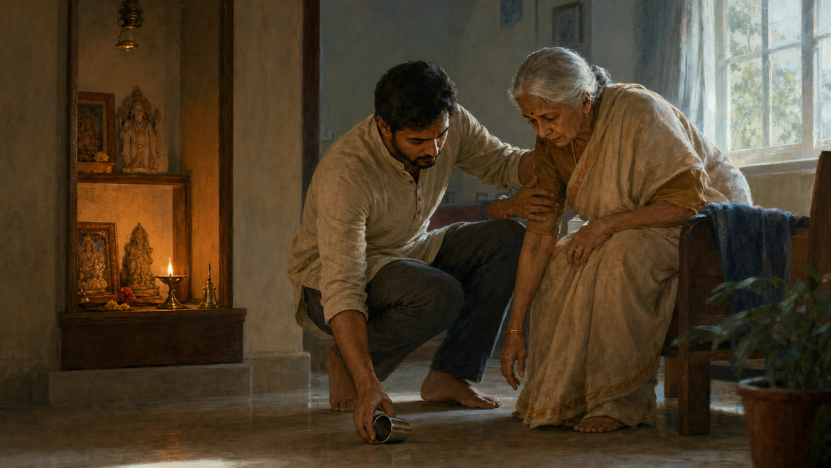 A person moves from a home prayer alcove to help an elderly family member in the morning.