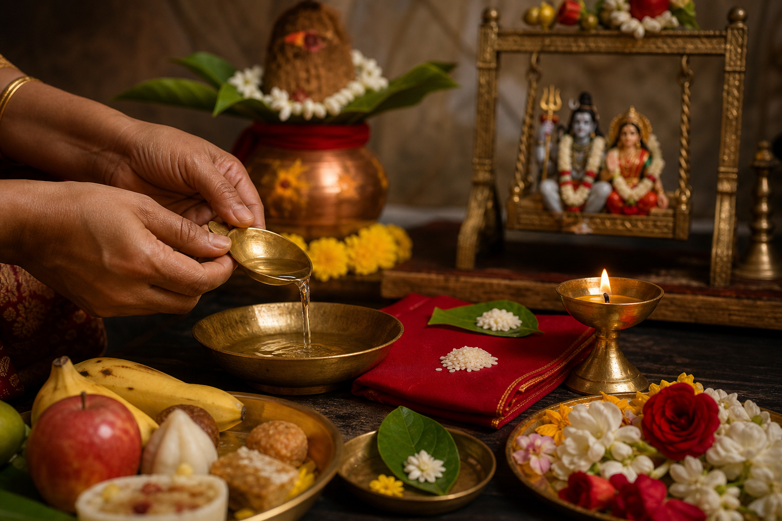 Hands pour water into a brass vessel beside flowers and offerings at the close of a home puja.