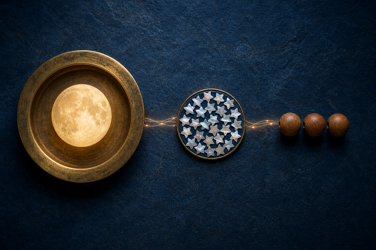 A brass moon disc, a ring of small pearl stars, and three wooden beads connected by fine golden threads on a dark tabletop.