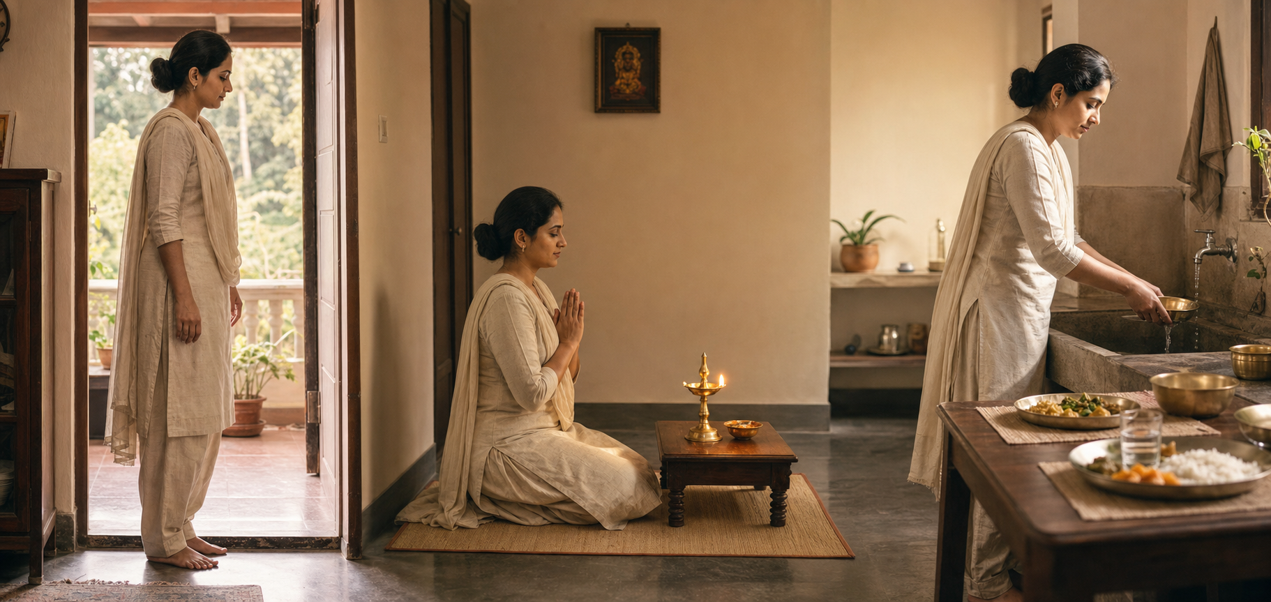 Three connected scenes show a person pausing before prayer, praying attentively, and washing the offering bowl while preparing food afterward.