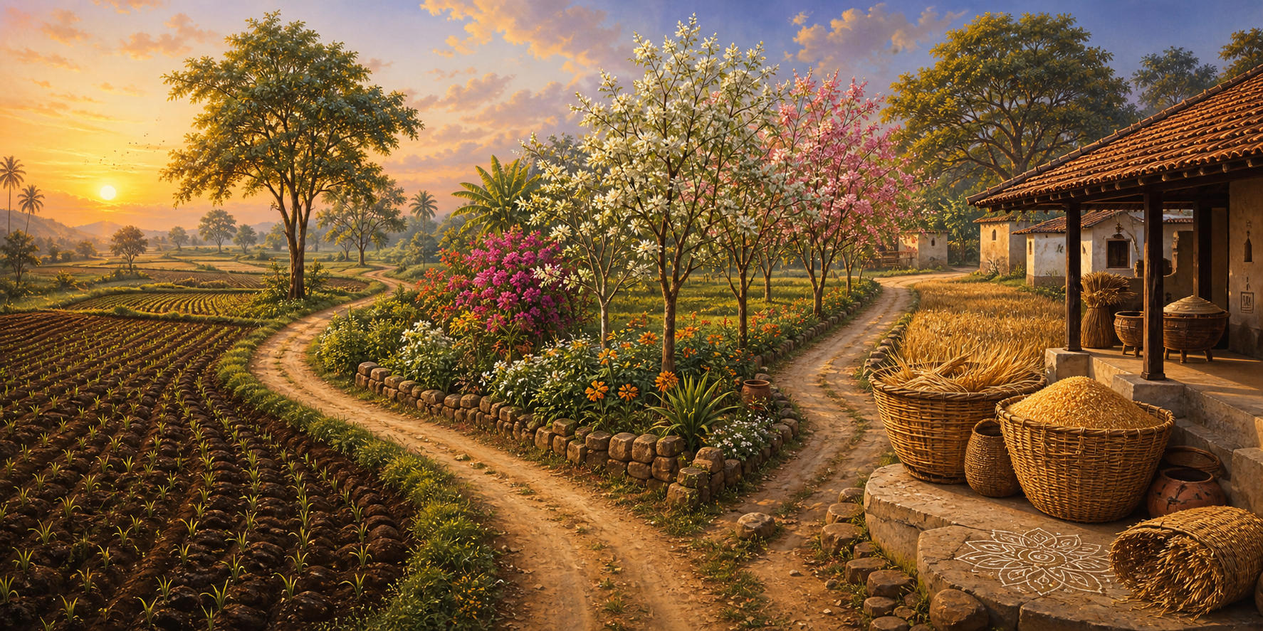 A winding path crosses three seasonal landscapes, from new shoots to a flowering grove and finally harvested grain stored in baskets.