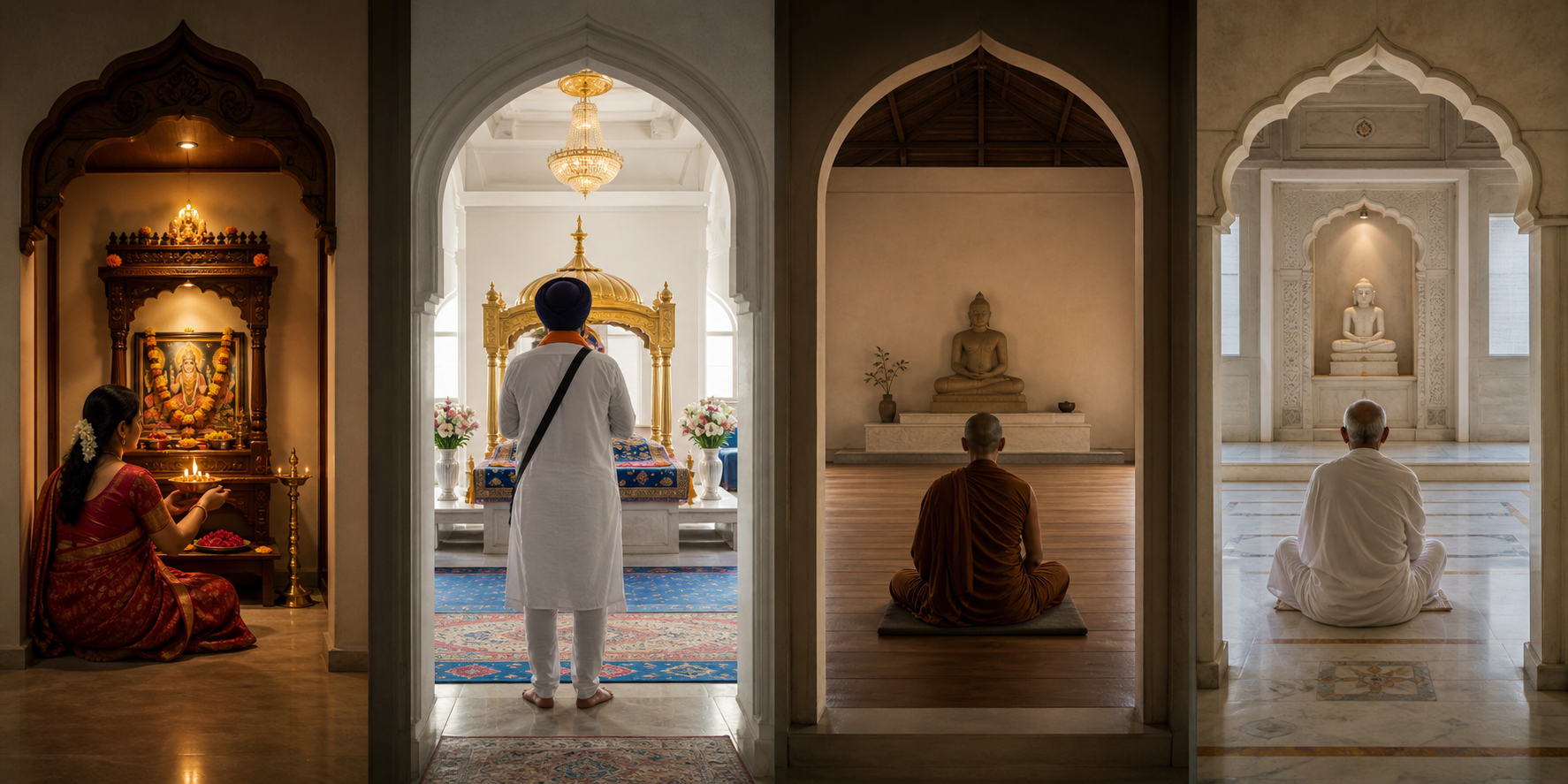 Four separate settings show a Hindu lamp offering, Sikh ardas, Buddhist meditation, and Jain contemplation.