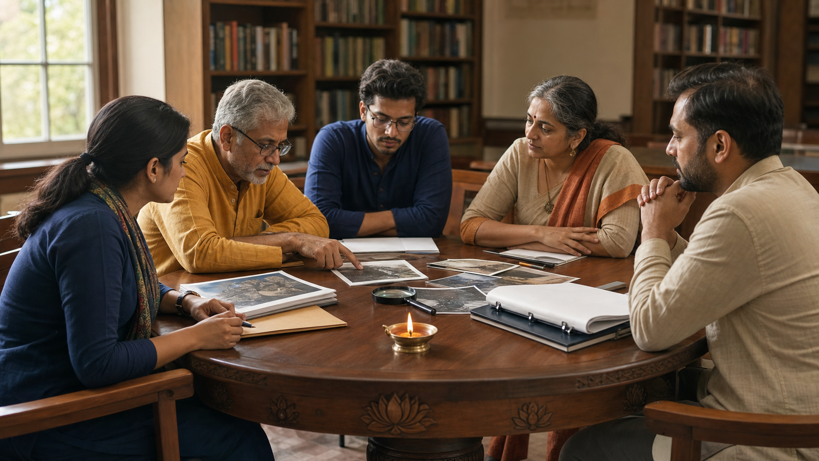 Hindu community advocates and a media professional review organized evidence around a library meeting table beside a lit brass diya.