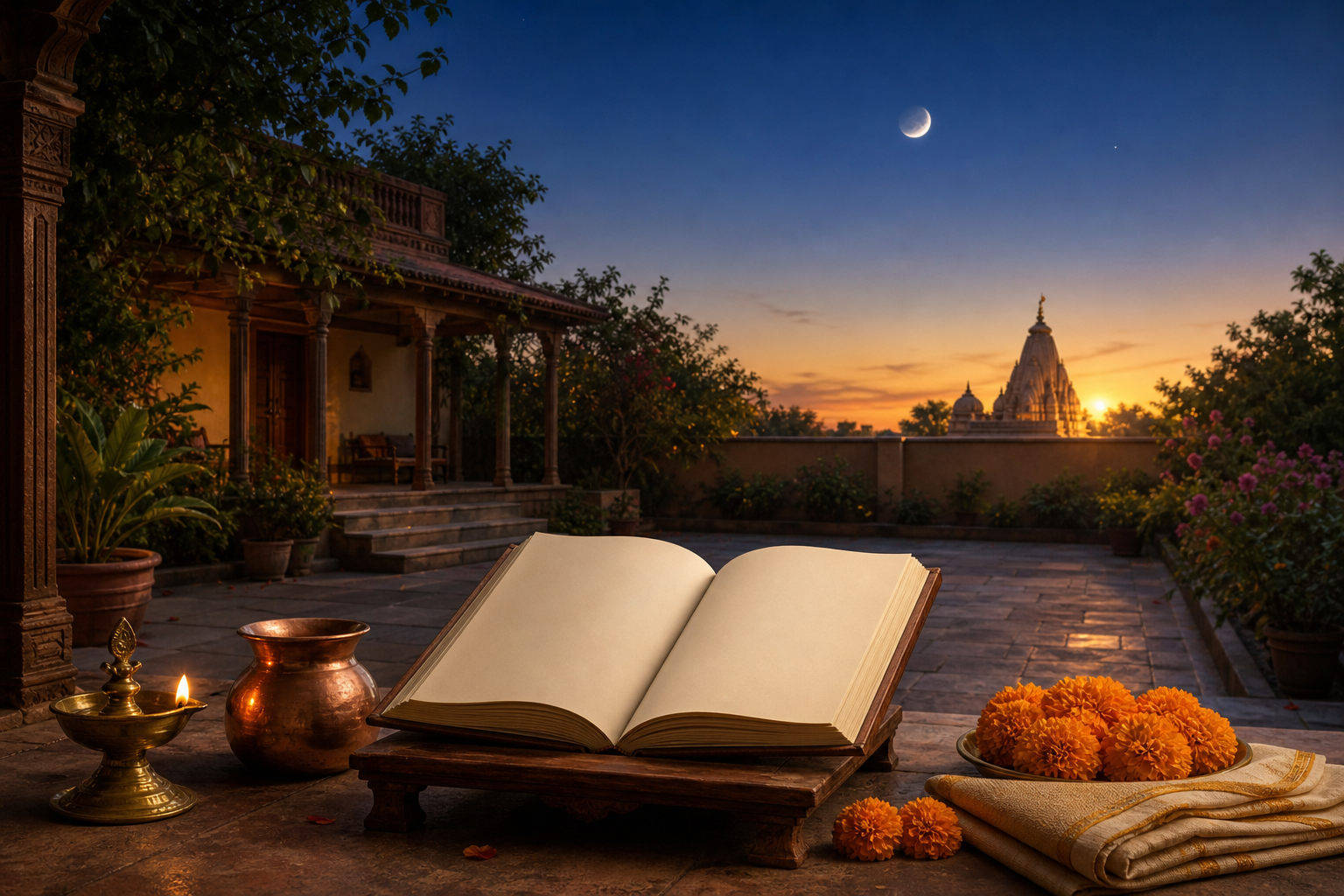 A brass oil lamp, copper vessel, flowers, and blank almanac in a twilight courtyard beneath a waxing Moon.