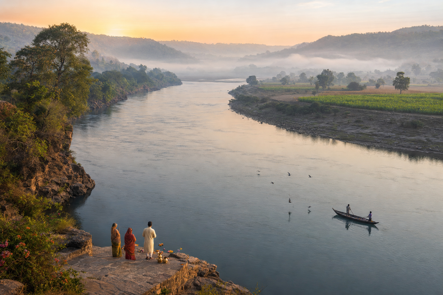 The Narmada River curves through forest, farmland and rocky banks as pilgrims gather at a small ghat, fishers travel by boat and birds fly over the water at dawn.